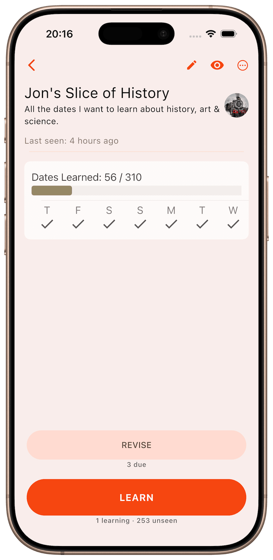 A deck details screen in TimeToTime